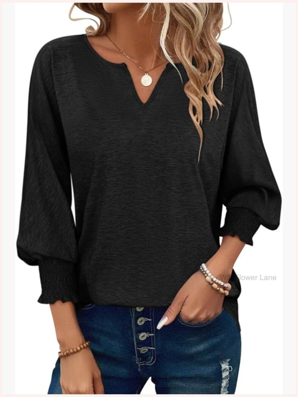 3/4 Sleeve Ruffle V Neck T Shirt Summer Casual Blouse